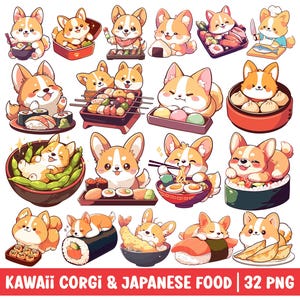 Kawaii Corgi and Japanese Food Clipart Cute Corgi Dog PNG Bundle Set Puppy Cartoon Japan Foodie Illustration Sushi Mochi Ramen Sashimi Bento