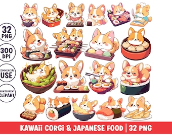 May include: A collection of 32 digital illustrations featuring cartoon Corgi dogs interacting with various Japanese foods like sushi, ramen, dumplings, and tempura. The text includes 32 PNG, 300 DPI, COMMERCIAL USE, TRANSPARENT CLIPART, and KAWAII CORGI & JAPANESE FOOD.