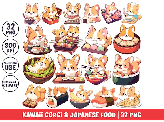 かわいいコーギーと日本料理のクリップアート かわいいコーギー犬 PNG