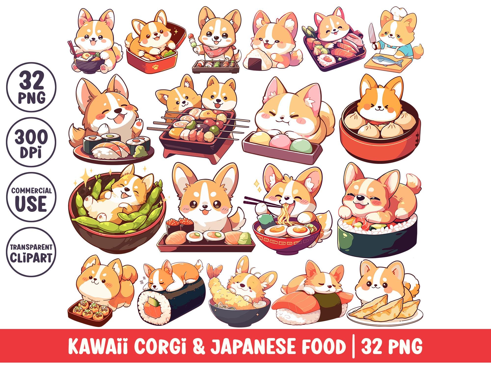 Paquete de imágenes prediseñadas de comida japonesa y corgi kawaii, lindo  perro corgi PNG, conjunto de dibujos animados de cachorros, ilustración de  comida japonesa, sushi, mochi, ramen, sashimi, bento - Etsy México, image size:2000x1500