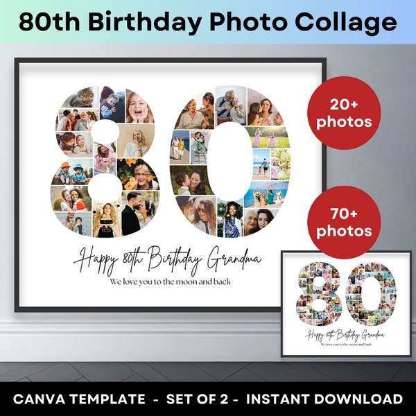 Zahl 80 Collage 80er Geburtstag Zahl Foto Collage Printable Canva Collage Vorlage Bild Collage Poster Geburtstag Geschenk Oma Opa