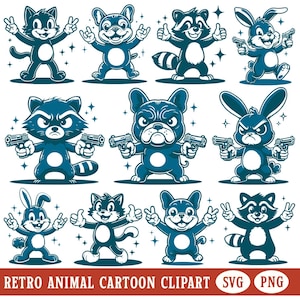 Vintage Animal PNG Raccoon Clipart Funny Retro Cat SVG Cool Dog Cartoon Cute Bunny Rabbit Illustration Thumbs Up Peace Sign Rock Hand