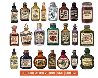 BookTok PNG Bundle, Bookish Witch Potion Labels, Dark Romance Reader Clipart, Kindle Girlie Gift, Funny Gothic Halloween Book Lover Stickers