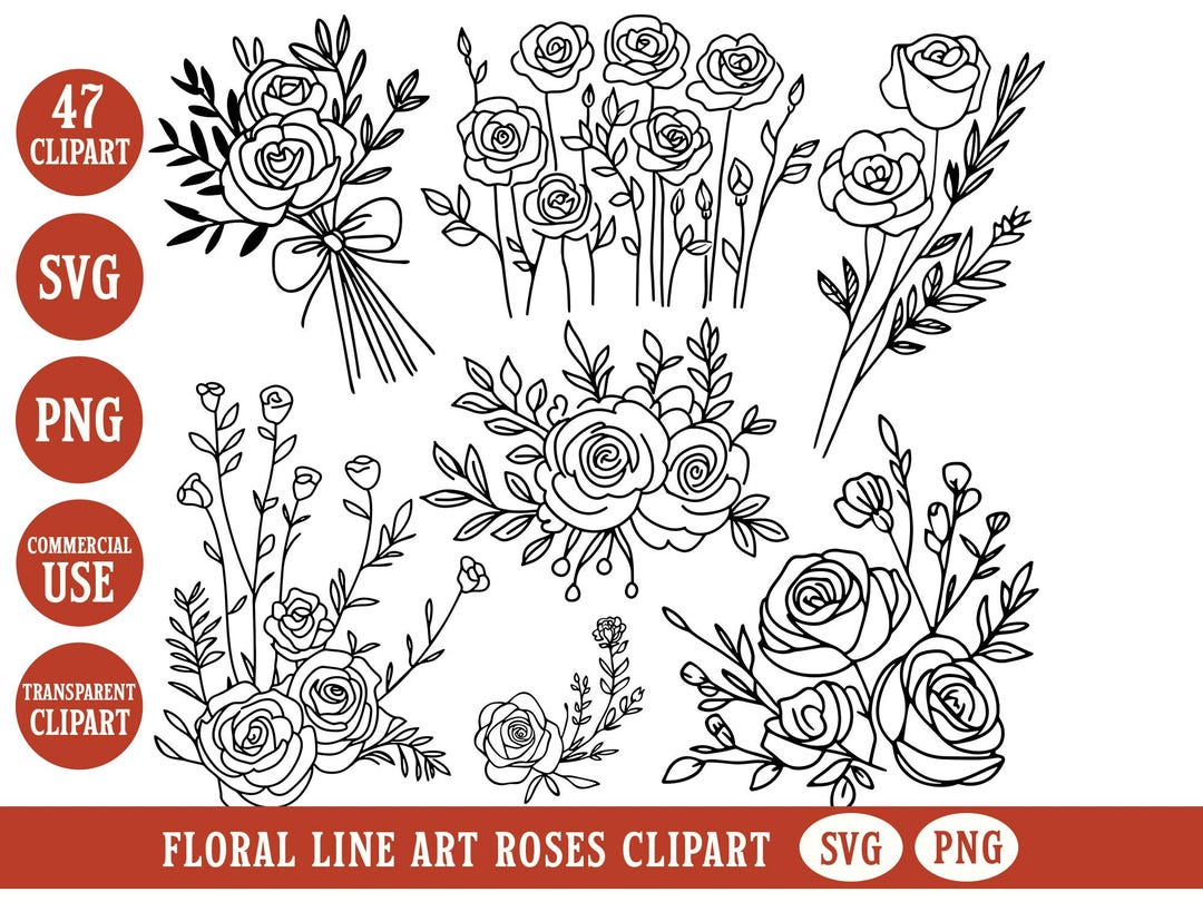 Rose Flower SVG Bundle Roses Floral Line Art Illustration Botanical ...