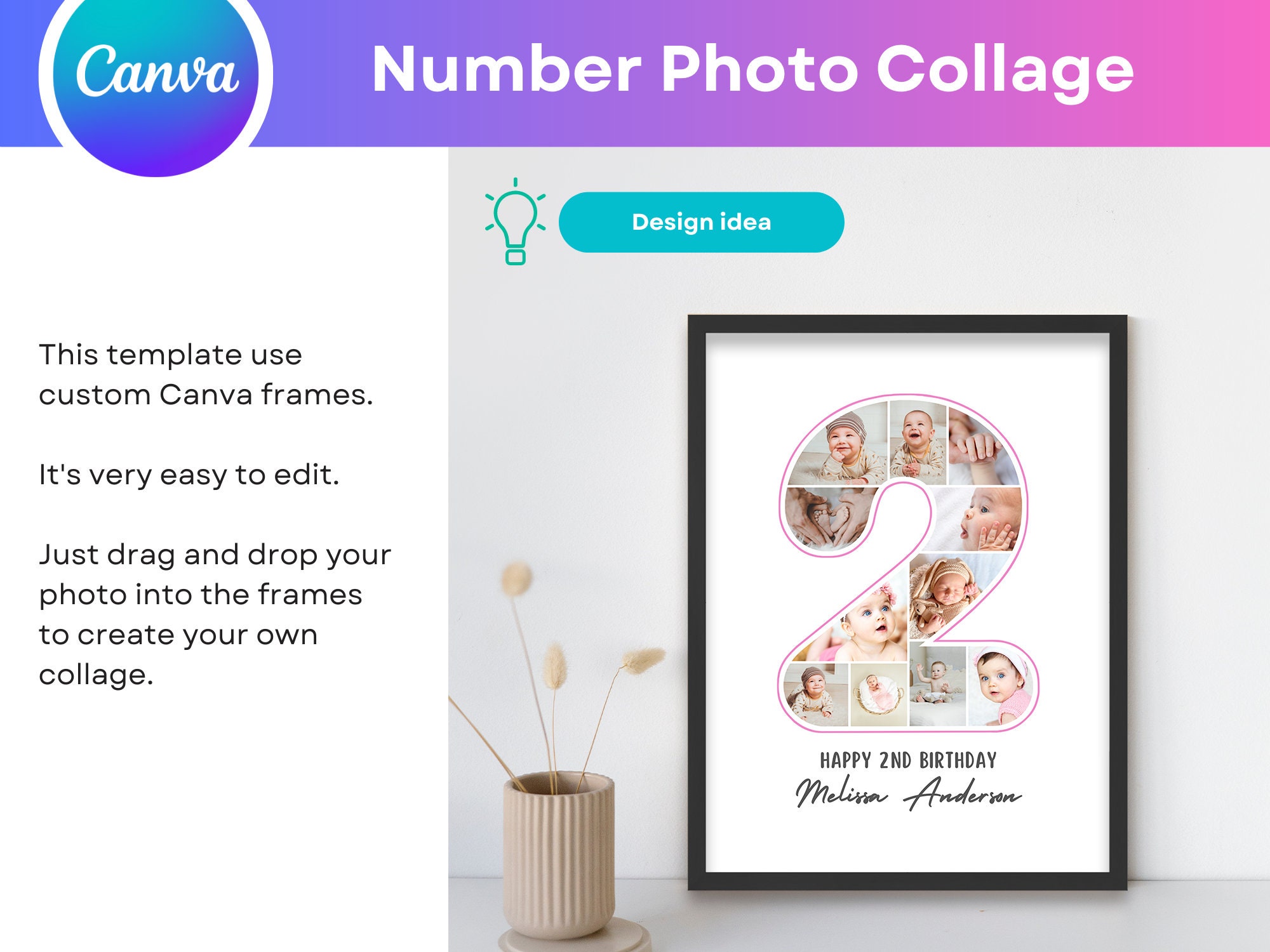 Cute Number Photo Collage Canva Template Editable Digital File All ...