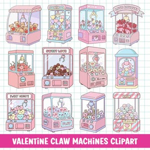 Könnte beinhalten: Eine Sammlung von rosa Greifautomaten mit Preisen zum Valentinstag, darunter Teddybären, Herzen und Blumen. Die Automaten haben ein niedliches, cartoonhaftes Design, mit dem Text "Sweet Love" und "Sweet Hearts" auf einigen. Der Text "Valentine Claw Machines Clipart" ist ebenfalls enthalten.