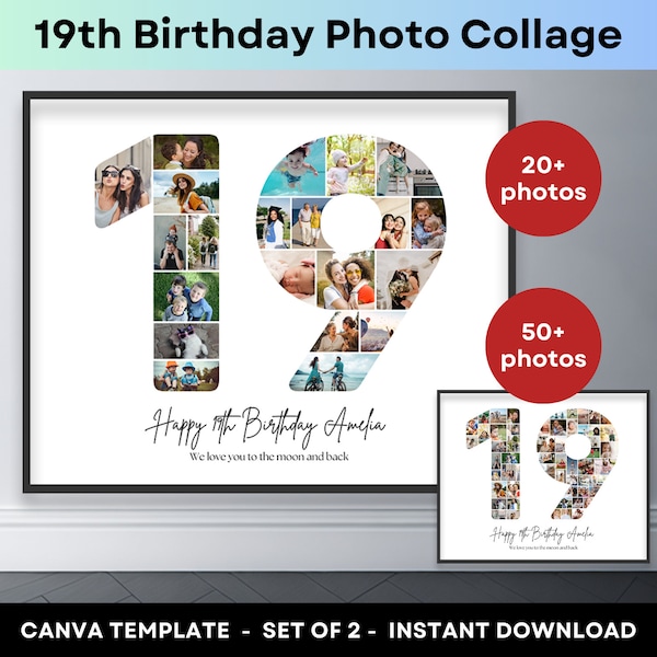 19th Birthday Number 19 Photo Collage Printable Canva Frame Template 19th Anniversary Picture Poster Birthday Gift Son Daughter 16x20 8x10