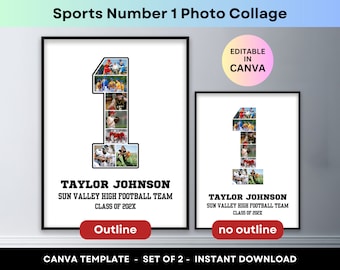 Sports Photo Collage Player Number 1 Graduation Gift Senior Night 2024 Athlete Poster Football Basketball Baseball Soccer Canva Template
