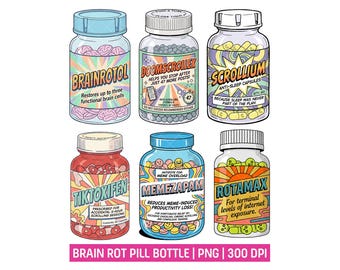 Brain Rot Pill Bottle PNG Bundle, Funny Gen Z RX Bottle Clipart, Doomscroll Medicine Designs, TikTok Meme Humor Stickers, Retro Pharmacy PNG