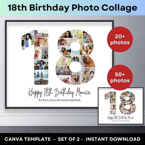 18. Geburtstag Zahl 18 Foto Collage druckbare Canva Rahmen Vorlage 18. Jahrestag Bild Collage 8x10 Poster Geburtstag Geschenk Sohn Tochter