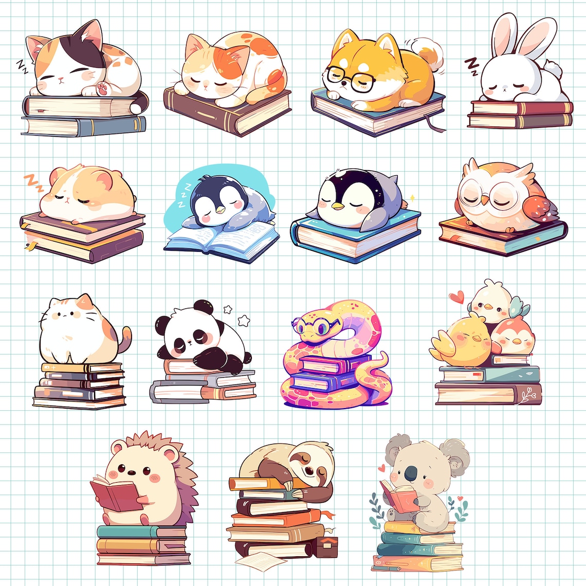 Cute Book Lover PNG Bundle Kawaii Animal Reading Books Clipart Funny ...