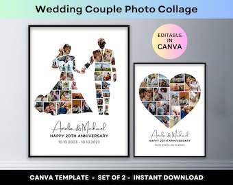 Bride Groom Heart Photo Collage Wedding Anniversary Gift Engagement Boyfriend Girlfriend Valentine&#39;s Day Present Canva Template Love Poster