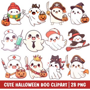 Lindo fantasma de Halloween Clipart Kawaii Boo PNG Truco o trato Caricatura Enfermera Pirata Bruja Mago Vaquero Rey Disfraz Gorro genial Fantasma Gato negro