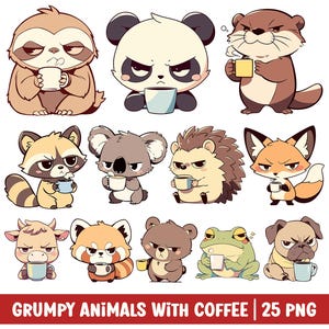 Grumpy Animals Drink Coffee Clipart Cute Animal PNG Cartoon Illustration Angry Moody Annoyed Bad Mood Face Expression Funny Coffee Lover