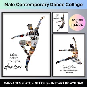 Collage fotografico di danza contemporanea personalizzato ballerino maschio senior night saggio di danza moderna regalo figlio che balla poster stampabile modello Canva
