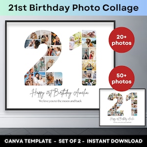 21 cumpleaños número 21 collage de fotos plantilla de marco de Canva imprimible 21 aniversario foto collage 8x10 cartel regalo de cumpleaños personalizado