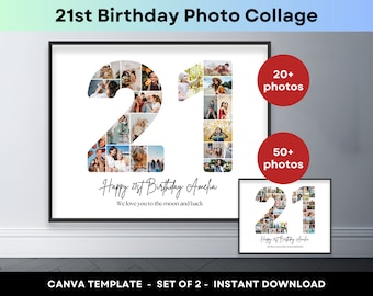 21st Birthday Number 21 Photo Collage Printable Canva Frame Template 21st Anniversary Picture Collage 8x10 Poster Personalized Birthday Gift