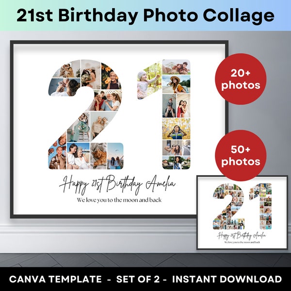 21st Birthday Number 21 Photo Collage Printable Canva Frame Template 21st Anniversary Picture Collage 8x10 Poster Personalized Birthday Gift