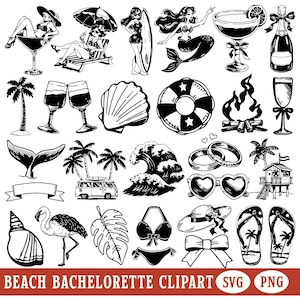 Vintage Beach Bachelorette Clipart Bridal Shower SVG Coastal Party Décor PNG Tropical Summer Girl Trip Illustration Vector Silhouette Image