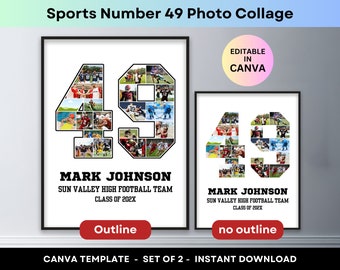 Sports Photo Collage Player Number 49 Graduation Gift Senior Night 2024 Athlete Poster Football Basketball Baseball Soccer Canva Template