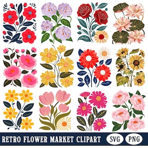 May include: A collection of 32 floral illustrations featuring red, pink, yellow, purple, and white flowers with green leaves. The set includes various botanical designs such as roses, sunflowers, tulips, and hydrangeas, labeled as Retro Flower Market Clipart.
