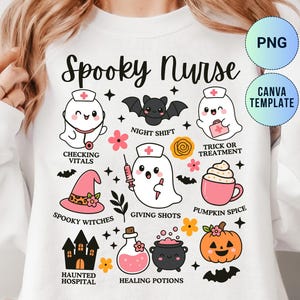 May include: White sweatshirt with a "Spooky Nurse" design. The design includes cartoon ghosts, bats, a witch's hat, a pumpkin, and text such as "Checking Vitals" and "Pumpkin Spice".
