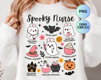 Spooky Nurse PNG Cute Halloween Doodle Clipart Girly Pink Ghost T-shirt Design Boho Floral Fall Vibes Funny Nursing Sublimation File Canva