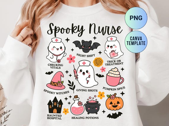 Spooky Nurse PNG Cute Halloween Doodle Clipart Girly Pink Ghost T-shirt Design Boho Floral Fall Vibes Funny Nursing Sublimation File Canva