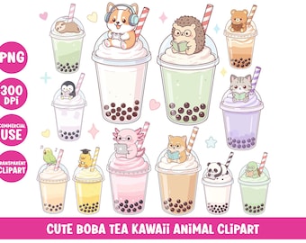 Kawaii Boba Tea Clipart Chibi Djur Bubble Tea PNG Söt Student Planner Digitala Klistermärken
