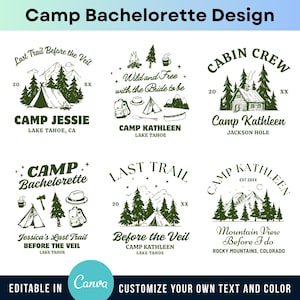 Camp Bachelorette Logotypdesign Vintage Bach Camp Redigerbar Canva Mall Personlig Tjej Campingresa Utomhus Brud Familj Vandring Berg