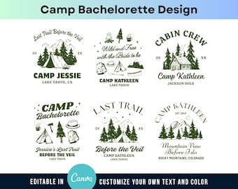 Camp Bachelorette Logo Design Vintage Bach Camp Editable Canva Template Personalized Girls Camping Trip Outdoor Bride Family Hiking Mountain
