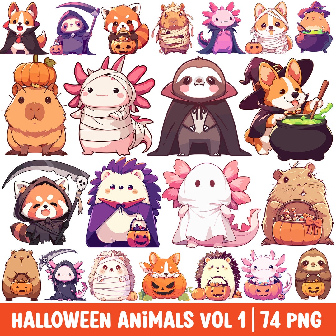 Buy Halloween Animals Clipart Cute Cartoon PNG Kawaii Axolotl Sloth  Hedgehog Corgi Capybara in Costume Spooky Ghost Vampire Witch Grim Reaper  Online in India - Etsy, image size:1080x1080