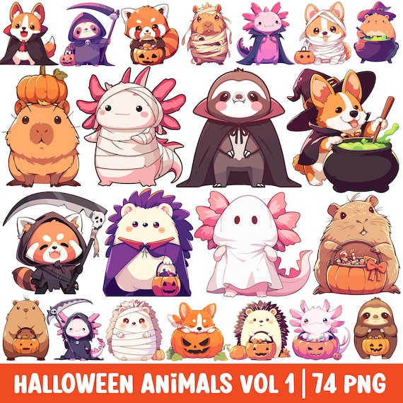 Halloween Animals Clipart Cute Cartoon PNG Kawaii Axolotl Sloth Hedgehog Corgi Capybara in Costume Spooky Ghost Vampire Witch Grim Reaper