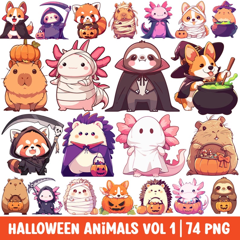K&ouml;nnte beinhalten: Ein Set mit 17 Halloween-Tierillustrationen. Die Tiere sind in Kost&uuml;men gekleidet, wie zum Beispiel ein Vampir, ein Geist, eine Hexe und eine Mumie. Die Illustrationen sind im Cartoon-Stil gehalten und eignen sich perfekt f&uuml;r Halloween-Bastelarbeiten, Dekorationen oder Gru&szlig;karten.