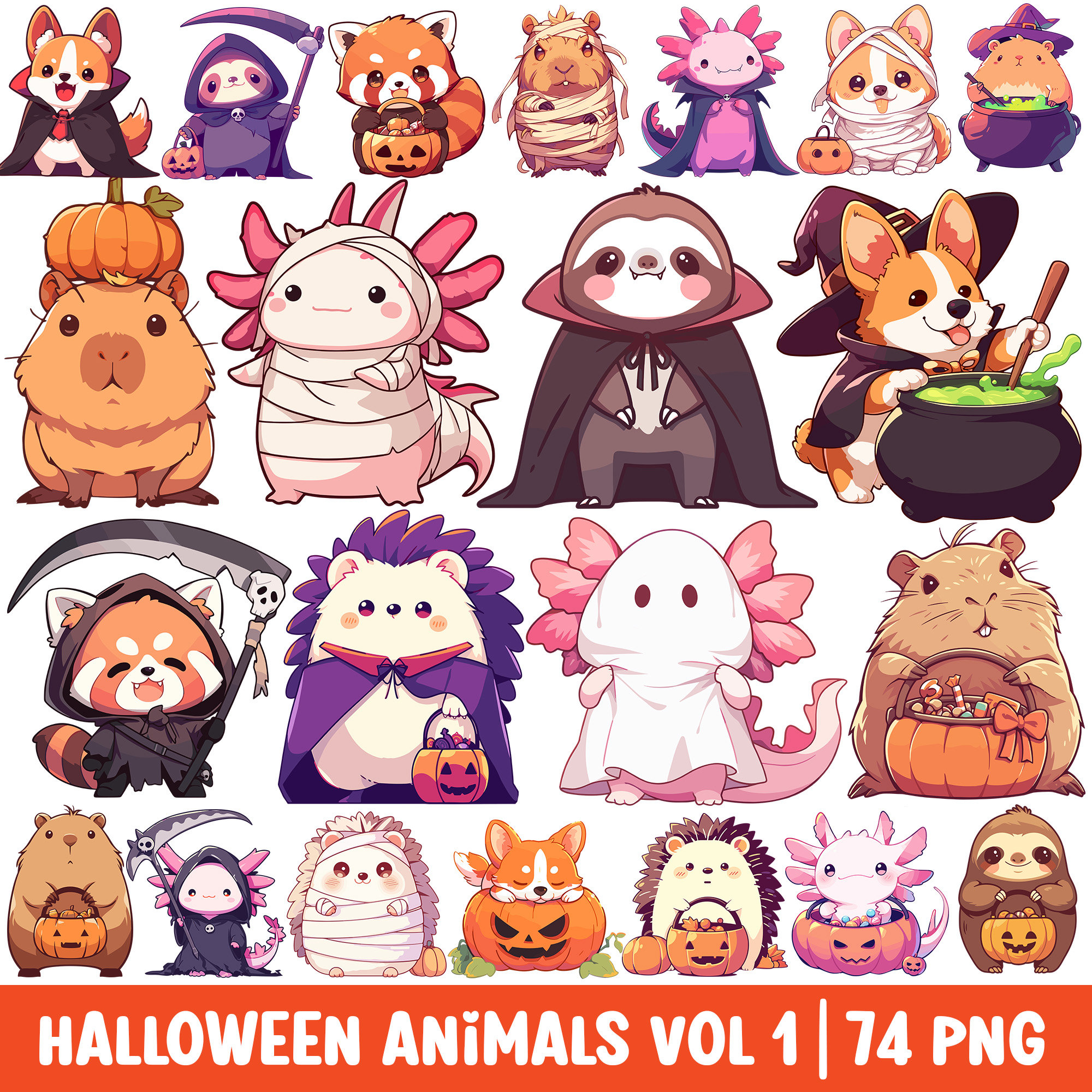 Halloween Animals Clipart Cute Cartoon PNG Kawaii Axolotl Sloth Hedgehog Corgi Capybara in Costume Spooky Ghost Vampire Witch Grim Reaper