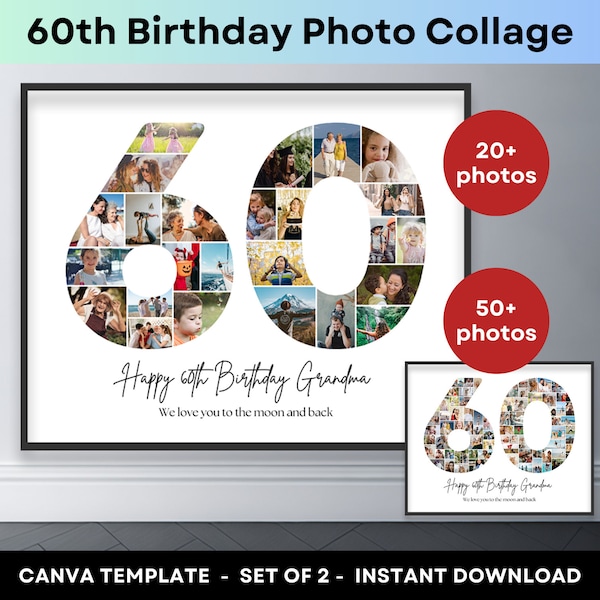 60e anniversaire numéro 60 collage photo imprimable modèle de cadre en toile cadeau 60e anniversaire collage photo affiche 8 x 10 maman papa cadeaux grand-mère