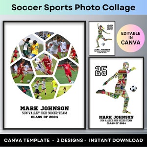 Soccer Photo Collage Sports Football Player Senior Night Graduation Gift Soccer Coach Picture Collage Custom Printable Poster Canva Template