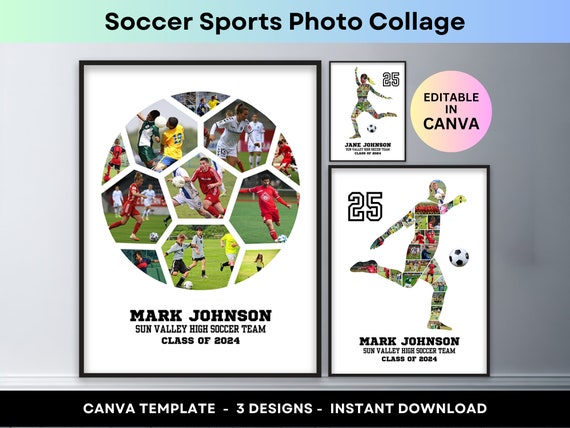 Soccer Photo Collage Sports Football Player Senior Night Graduation Gift Soccer Coach Picture Collage Custom Printable Poster Canva Template