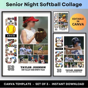 May include: Three printable softball collage templates for Canva. Each template features a player's name, team name, and the year 202X. The collages are made up of photos of the player and their team.