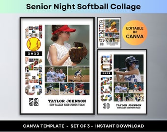 May include: Three printable softball collage templates for Canva. Each template features a player's name, team name, and the year 202X. The collages are made up of photos of the player and their team.