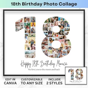 Collage fotografico per il 18° compleanno, numero 18, modello stampabile per cornice su tela, collage fotografico per il 18° anniversario, poster 8x10, regalo di compleanno per figlio e figlia.