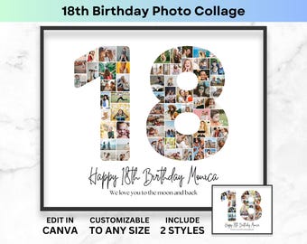 18th Birthday Number 18 Photo Collage Printable Canva Frame Template 18th Anniversary Picture Collage 8x10 Poster Birthday Gift Son Daughter
