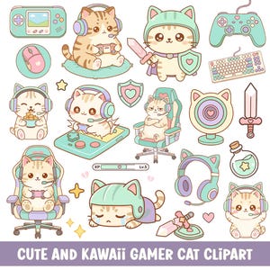 May include: A collection of cute, kawaii-style gamer cat clipart in various poses. The illustrations feature cats with gaming headsets, controllers, and swords, along with gaming accessories like a keyboard, mouse, and game console. The text "CUTE AND KAWAII GAMER CAT CLIPART" is included.