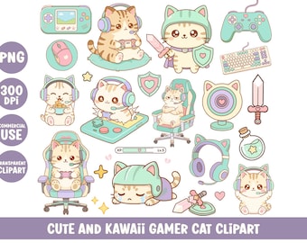 Puede incluir: Una colección de ilustraciones digitales que muestran gatos atigrados de color marrón claro en varios escenarios de juego, incluyendo el uso de auriculares, sentados en sillas gamer, sosteniendo mandos y espadas, junto a accesorios de juego en tonos pastel.