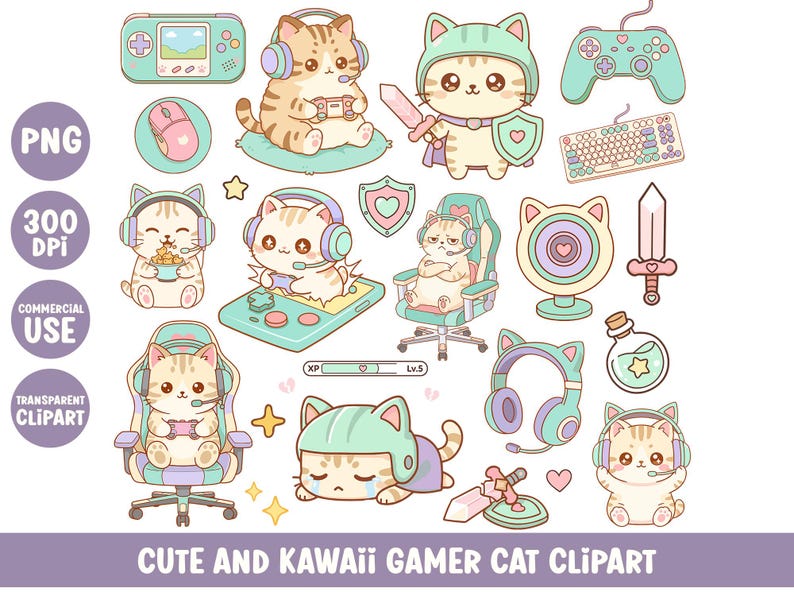 May include: A collection of cute, kawaii-style gamer cat clipart in various poses. The illustrations feature cats with gaming headsets, controllers, and swords, along with gaming accessories like a keyboard, mouse, and game console. The text "CUTE AND KAWAII GAMER CAT CLIPART" is included.