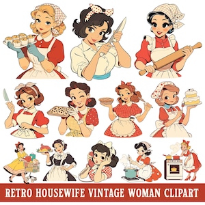 Retro Housewife Clipart Vintage Woman PNG Bundle Cooking Baking SVG Baker Cook Chef Girl Cartoon Illustration Commercial Use Vector Image