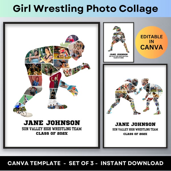 Girl Wrestling Photo Collage Female Wrestler Graduation Gift Senior Night Poster Women Sports Picture Collage Photo Gifts Canva Template