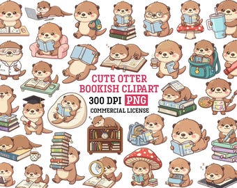 Bokälskare Otter Png Kawaii Djurläsning Clipart Tillbaka till skolan Digitalt Klistermärke Bundle