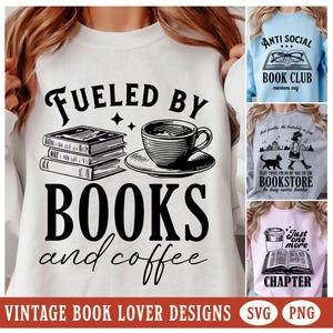 Amante de los libros PNG Vintage Bookish SVG Lectura Clipart Paquete Citas divertidas de libros Diseño de camiseta de moda Uso comercial Vector Imagen de sublimación
