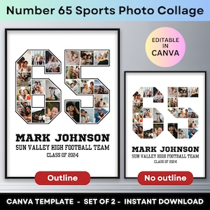 Player Number 65 Sports Photo Collage Graduation Gift Senior Class 2025 Grad 16x20 Poster Football Basketball Baseball Hockey Canva Template